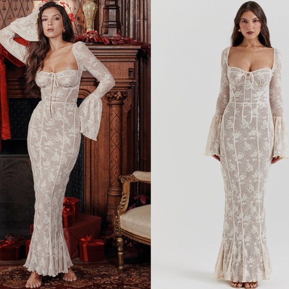 HOUSE OF CB 'Delilah' Vintage Cream Lace Maxi Dress NWOT - Picture 1 of 9